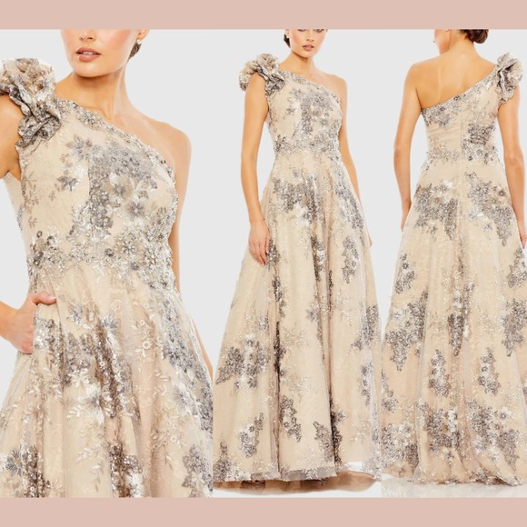 NWT $898 Mac Duggal [ 6 ] 67960 Embellished One Shoulder Lace‎ A Line Gown J1620 - Picture 1 of 14